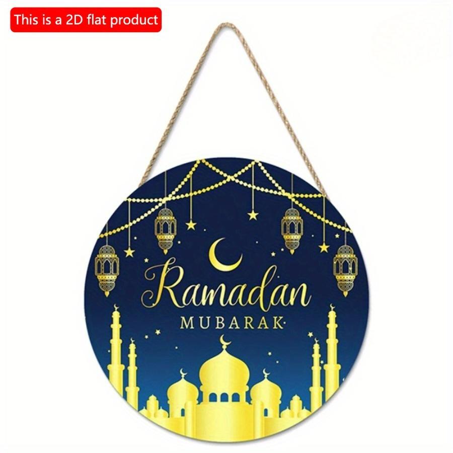 2D Flach 20cm1Stk Ramadan Mubarak Muslimische Party Runde Holzanhänger, Goldener Mond&Majestätische Moschee Szene Ramadan Islamische Wanddekoration, Gute Qualität
