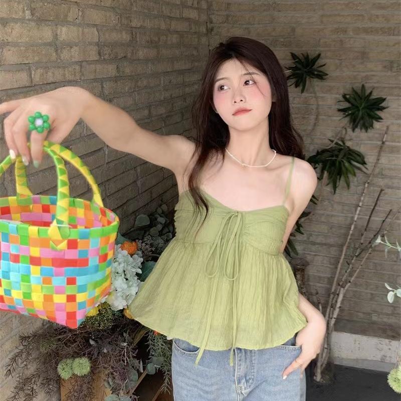 Frauen Leinen Süße Babydoll Rüschen Crop Ärmelloses Top Dünnen Riemen Vorne Schleife Flowy Camis Weibliche Koreanische Tank Top