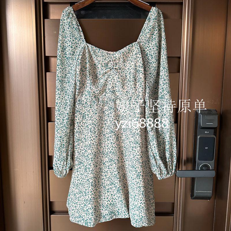 

Foreign Trade Original French style Retro Pastoral Style Fresh Green High Waist A Word Square Collar Fresh Fresh Floral Exquisite Dress Green Floral Dress 12 yards = L