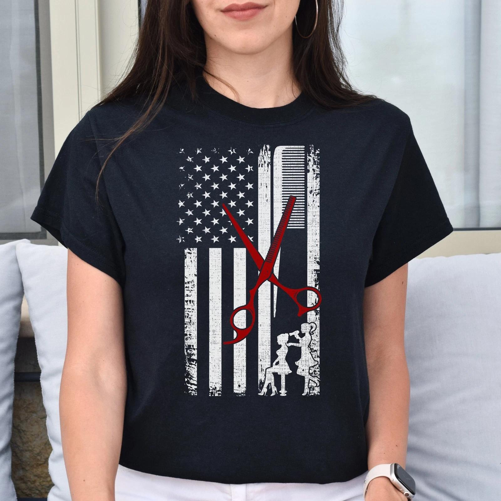 Hair stylist American flag Unisex T-shirt hairdresser haircutter dark heather S