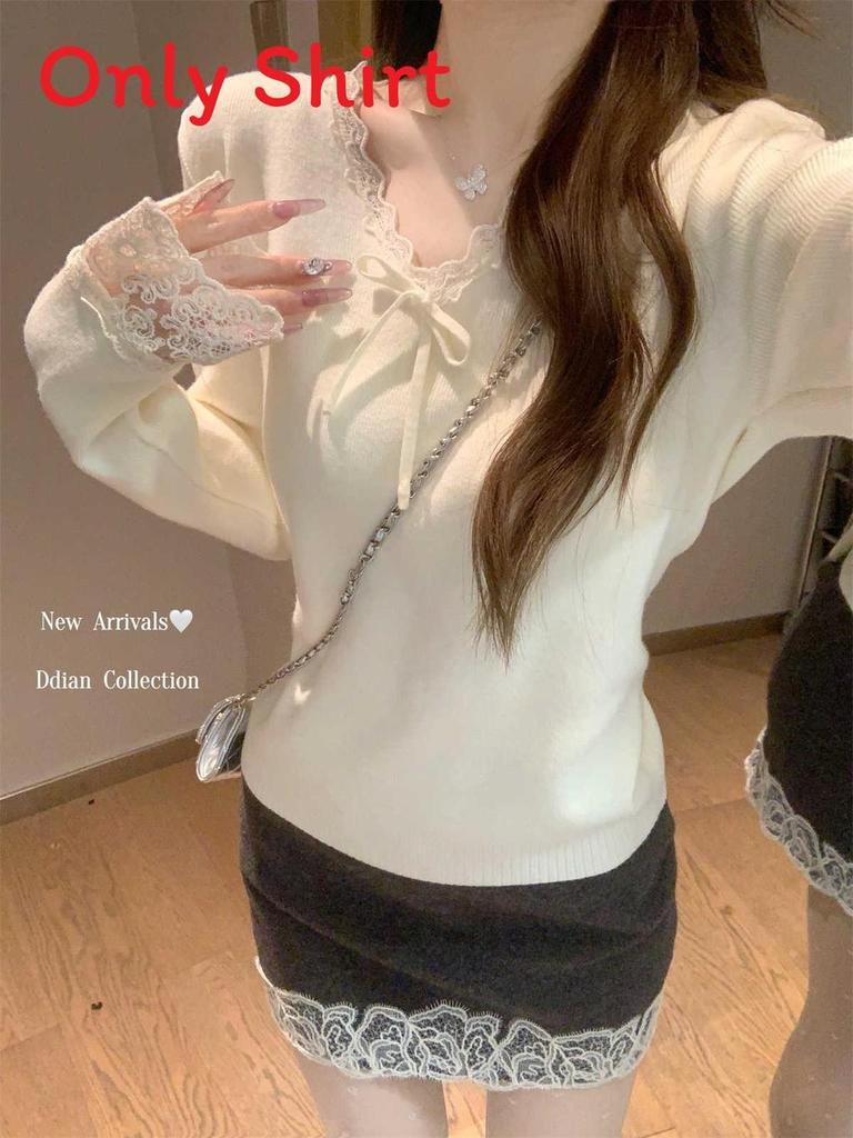 Pink Vneck Lace Patch Wool Knit Sweater For Women Fall Winter Casual Comfort