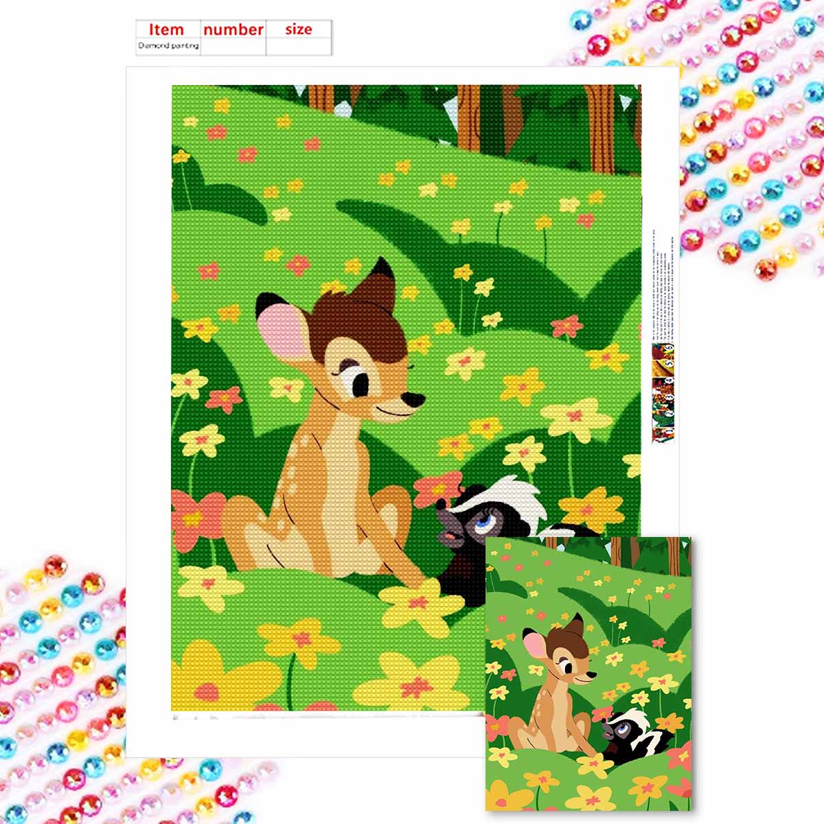 

5D Diy Diamond Painting Bambi The Fawn and Skunk Full Drill Rhinestones Mosaic Embroidery Handmade Products Home Decor Gift Round 20x30cm