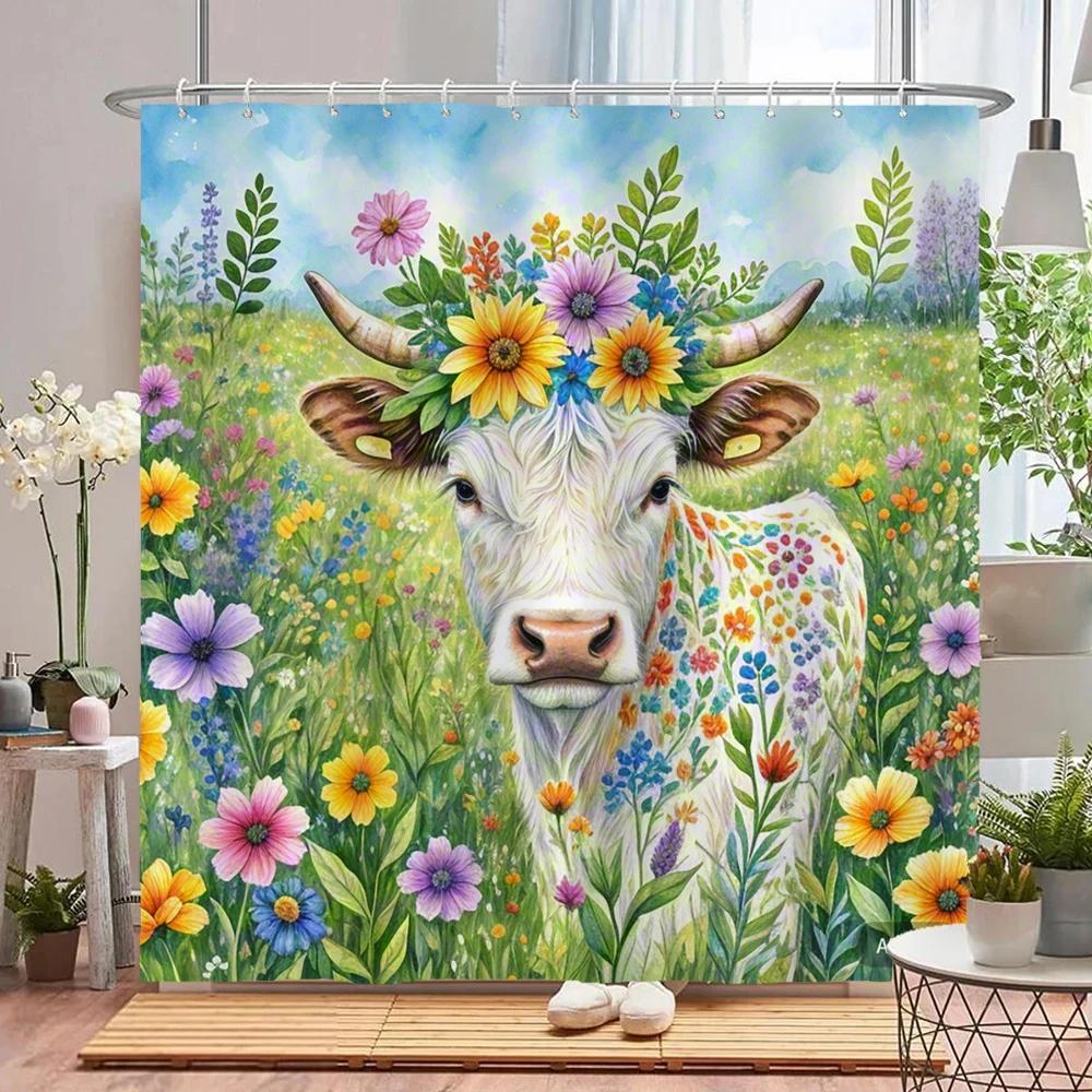 Watercolor Plants And Highland Cow Animal Shower Curtain Print Polyester Waterproof Bathroom Curtains With Hook Decorate Curtain