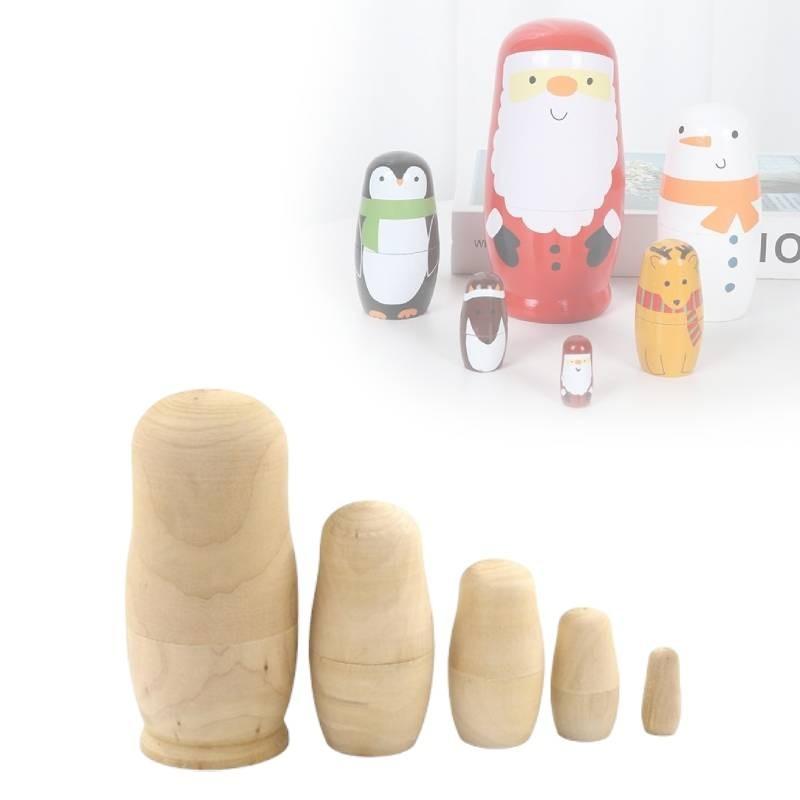 Diy 5pcs Unpainted Blank Wooden Embryos Russian Nesting Dolls Toy Matryoshka
