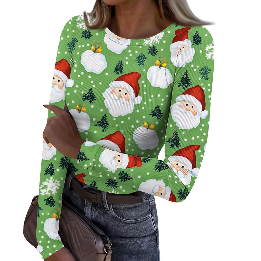 Women's Fashion Slim-Fit Round Neck Base Layer T-Shirt Christmas Print Long-Sleeved Top