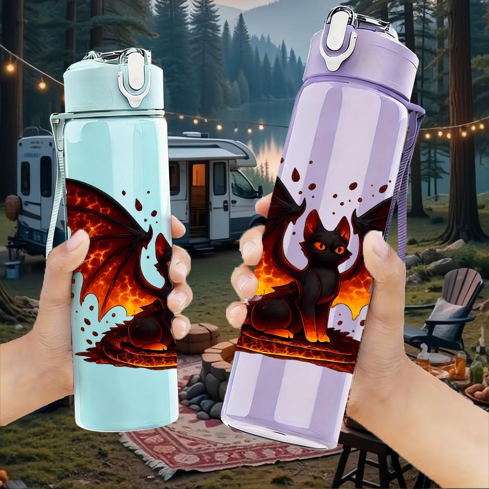 1PC Fiery Red Dragon Graphic 750ml Color Plastic Sports Water Bottle Leakproof Flip Straw Lid Suitable for Sports Office Home Use