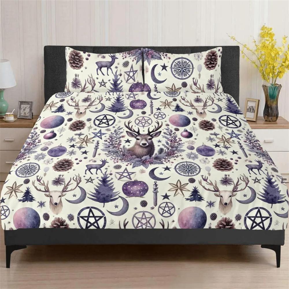 

Коттеджкор Зимний Олень Лес 3 Предмета Постельного Белья, Сосна Рождественский Декор Спальни, Фиолетовый Праздничный Набор Пододеяльник Наволочки EU Single 135x200cm