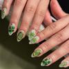 30pcs Dark Green Gradient Four-Leaf Clover Almond 3D Gold Foil Wearable False Nail Tips
