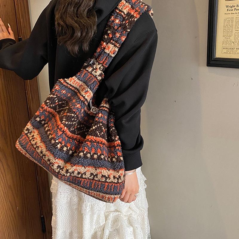 Women's Striped Plush Shopper Tote Bag Lightweight Large Capacity Ethnic Style Shoulder Bag Fluffy Casual Winter Underarm Bags