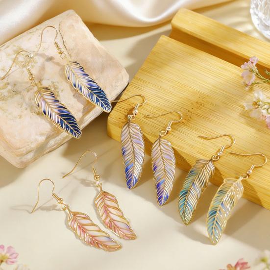 1 Pair Hook Earrings Retro Style Gradient Color Enamel Technology Gold-Plated Edges Feather Shape Drop