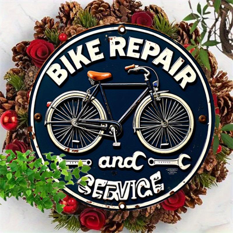 HD Tin Sign Bike Repair and Service Round Metal Wall Art Vintage Bicycle Garage Decor