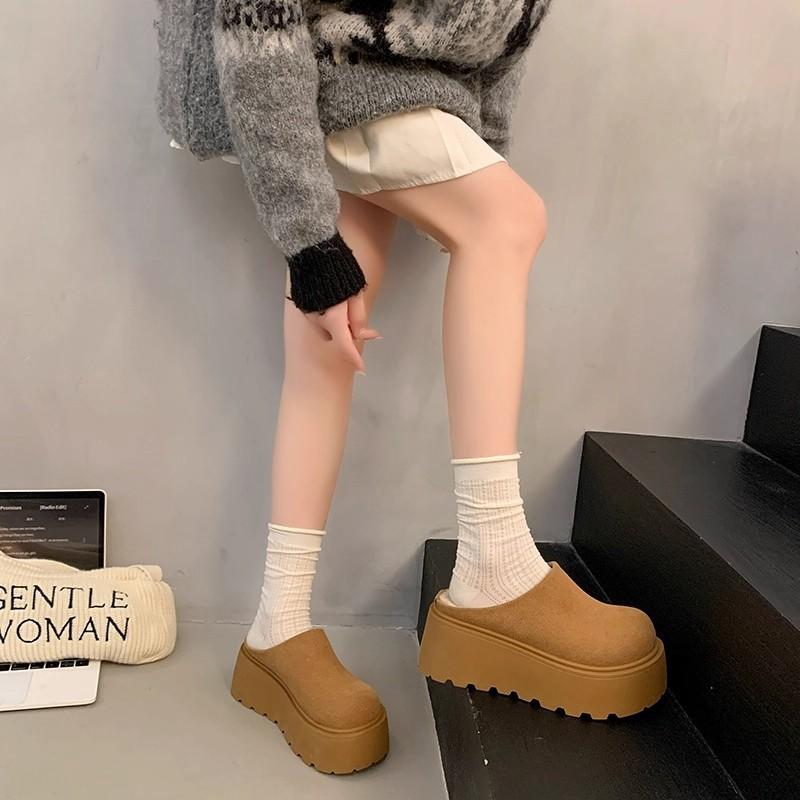 Leather thick-soled women's new small height-increasing bag head half slippers one pedal outside cotton slippers