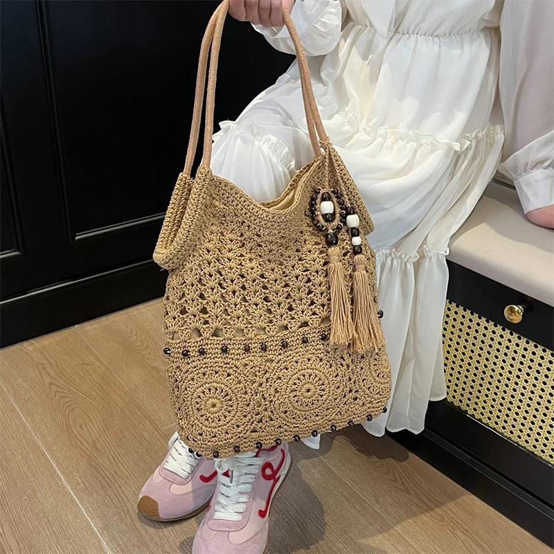 Fringed Cotton Thread Underarm Shoulder Bag,Niche Hollow Tassel Woven Straw Bag,Summer Beach Tote Bag,Women Shopping Handbag
