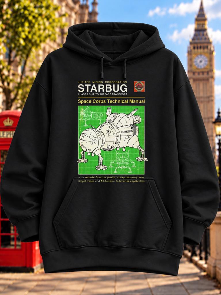 Unisex Hoodie Starbug 1 Space Corps Technical Manual Design White Landing Craft Schematic on Green Blueprint Grid with Yellow Sci Fi Lettering