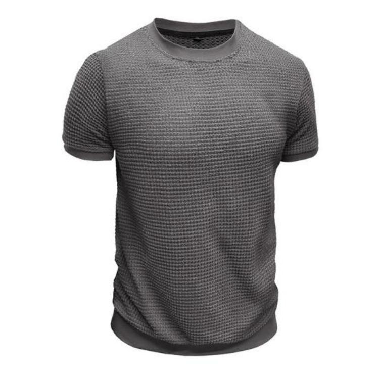 Summer Slim Fit Ribbed Elastic T-shirt Men Casual Knitted Round Neck Short Sleeves Pullover Solid Color Daily Tops Clothes