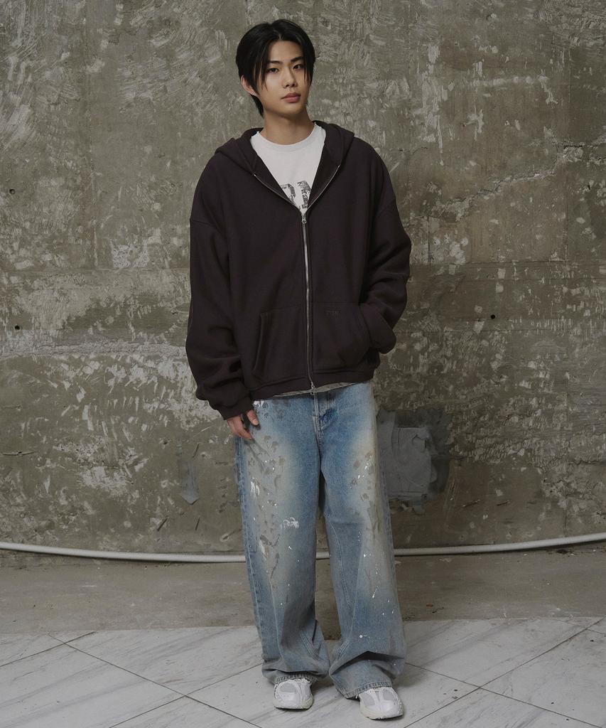 Erer Men Oversized Sweat Hoodie Zip-Up Brown