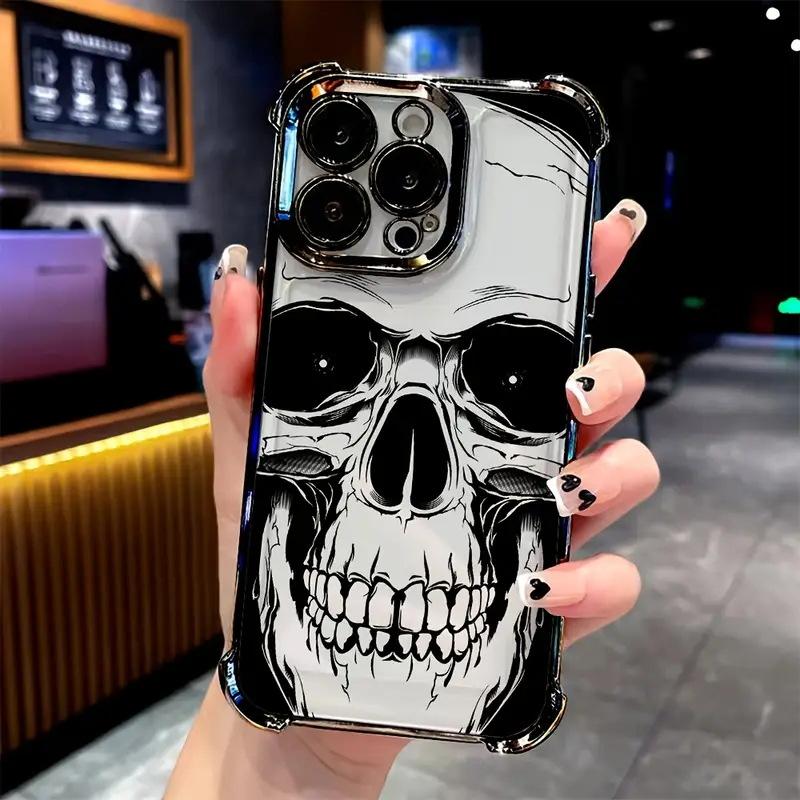 American retro sketch skull mobile phone case Apple 15 electroplated transparent soft case Gothic niche personality protective case