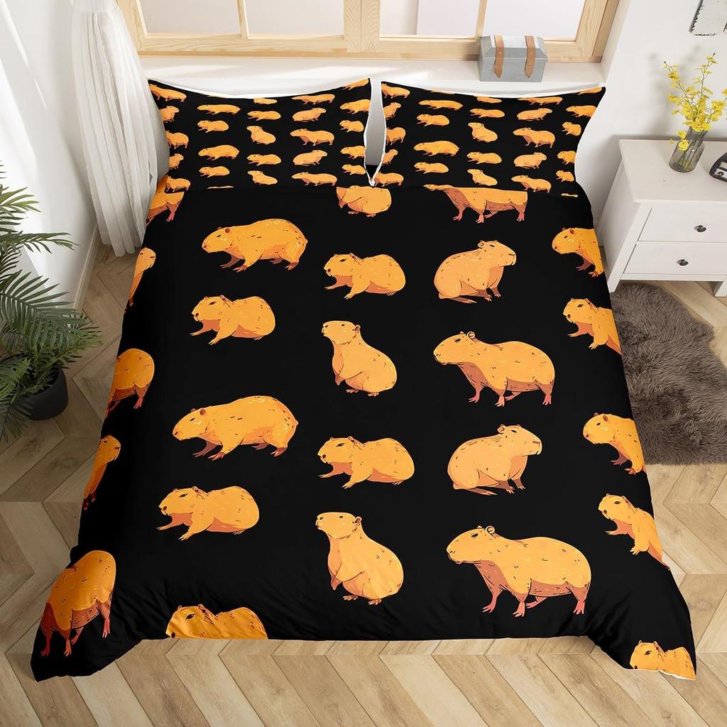 Cartoon Capybara Duvet Cover Twin Queen Toddler Botanical Leaves Funny Animal Bedding Set Graffiti Sketch Lines Comforter Cover