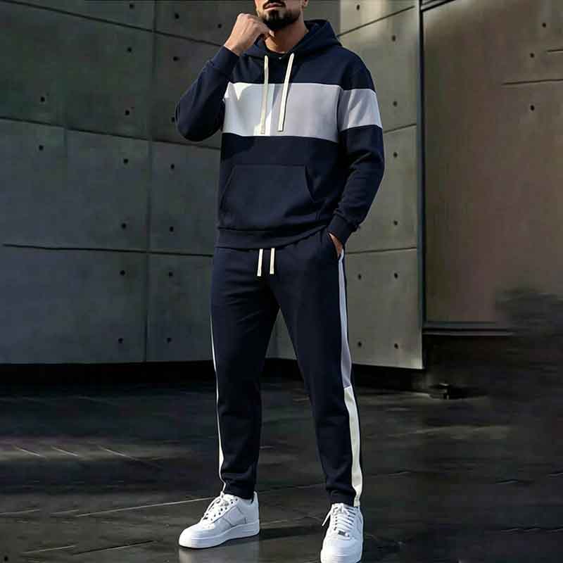 Men's Navy White Light Grey Color Block Hoodie Straight Pants Two Piece Tracksuit Set