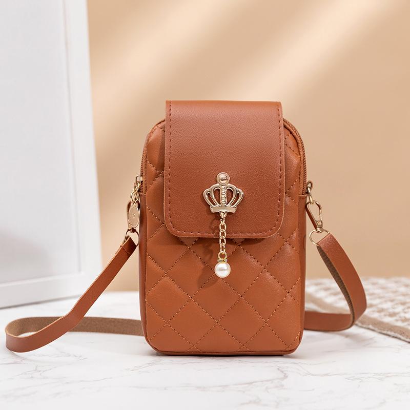 

New diamond embossed women s bag fashionable and sweet little crown crossbody shoulder bag mini mobile phone bag change bag коричневый