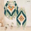 Women Plus Size Two Piece Outfit Long Sleeve Hooded Top Geometric Printed Cuffed Pants