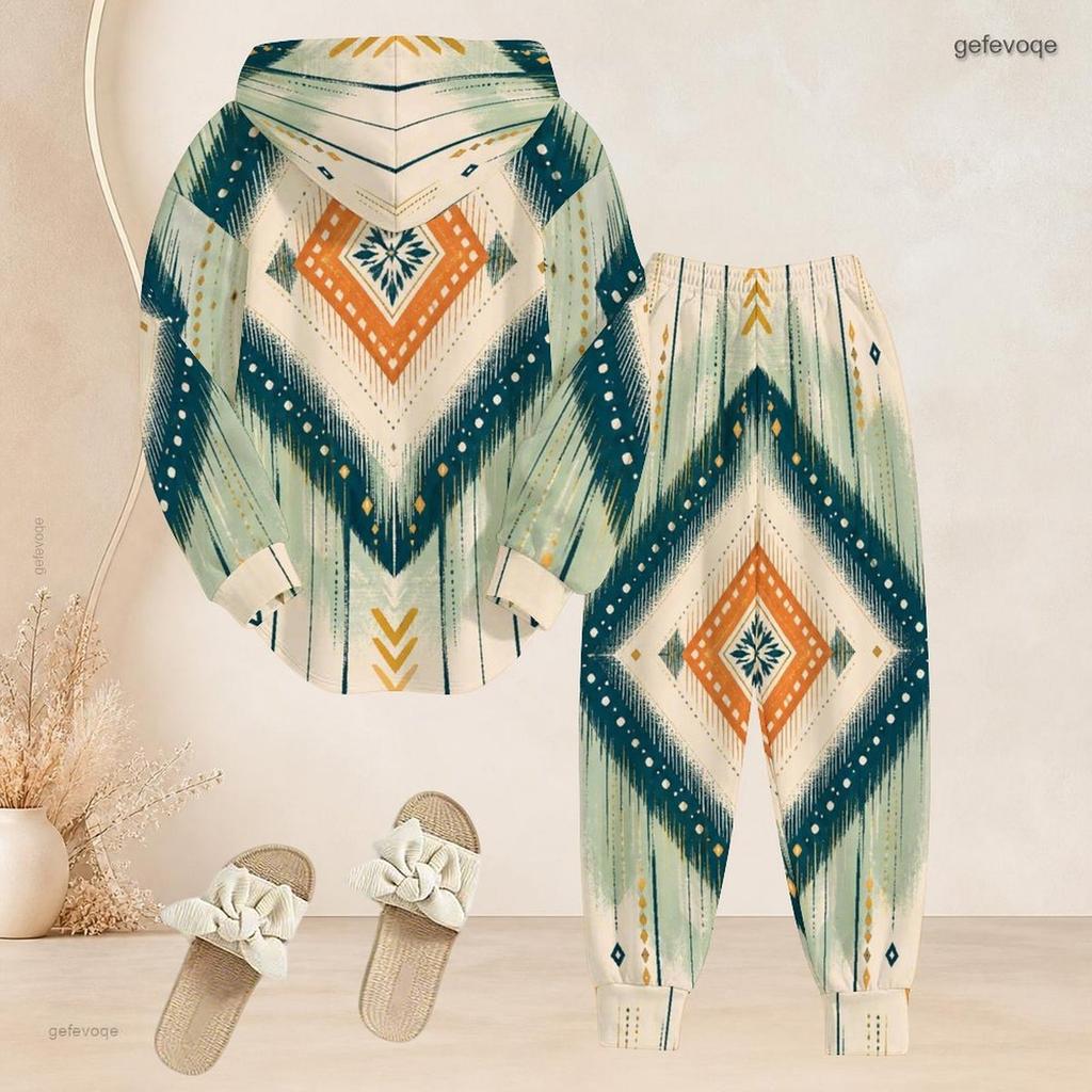 Women Plus Size Two Piece Outfit Long Sleeve Hooded Top Geometric Printed Cuffed Pants