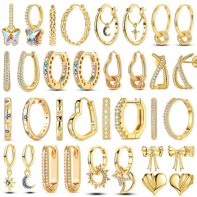 Gold Color Silver 925 Earring For Woman Round Sun Moon Heart Hoop Earring Original Jewelry