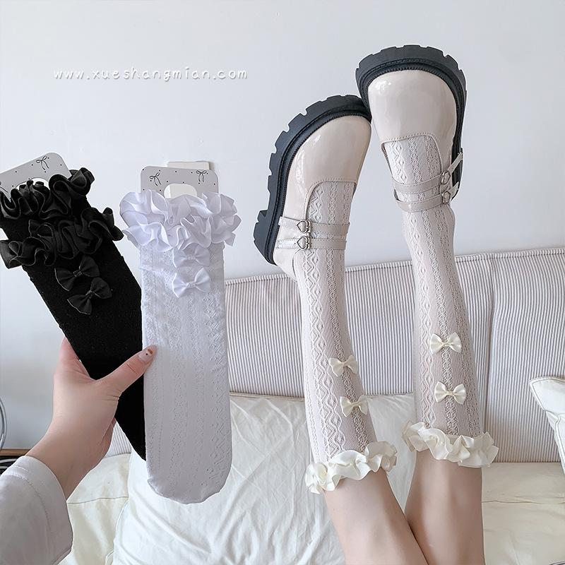 

Lolita Spring/Summer Thin Ribbon Lace Calf Ballet-style Bow Mid-calf Pile Socks 1 pair чорний