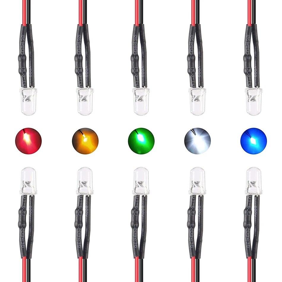 

50 шт. 12 В 5 мм світлодіодні діоди 7,9 дюйма попередньо підключені асортиментний набір 5 кольорів X 10 шт. Випромінюють біле, червоне, зелене, синє, жовте, тепле біле світло