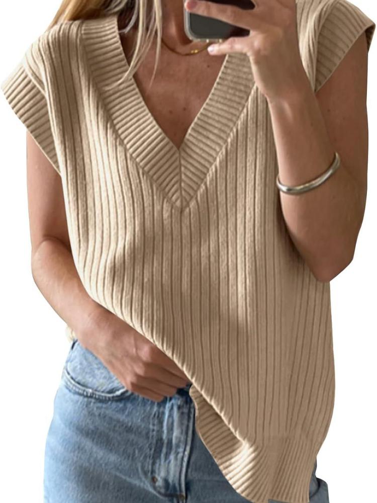 

Светло-голубой трикотажный топ без рукавов с V-образным вырезом, полосатой текстурой и свободным кроем XL абрикосовый