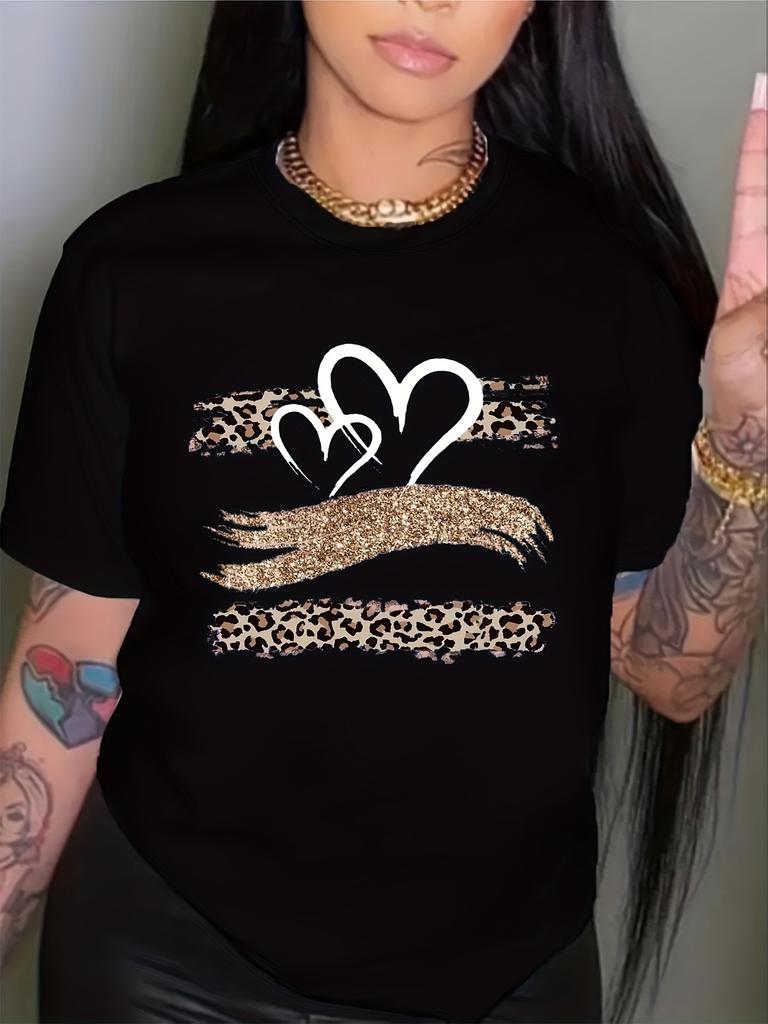 Leopard Print Hearts Glitter Graphic T-shirt