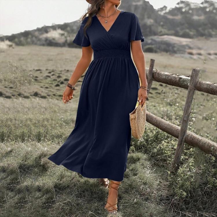 Women's Sexy V Neck Wrap Waist Maxi Dress A Line Side Slit Solid Color Casual Summer Long Dress Comfortable Sleeve Fashion
