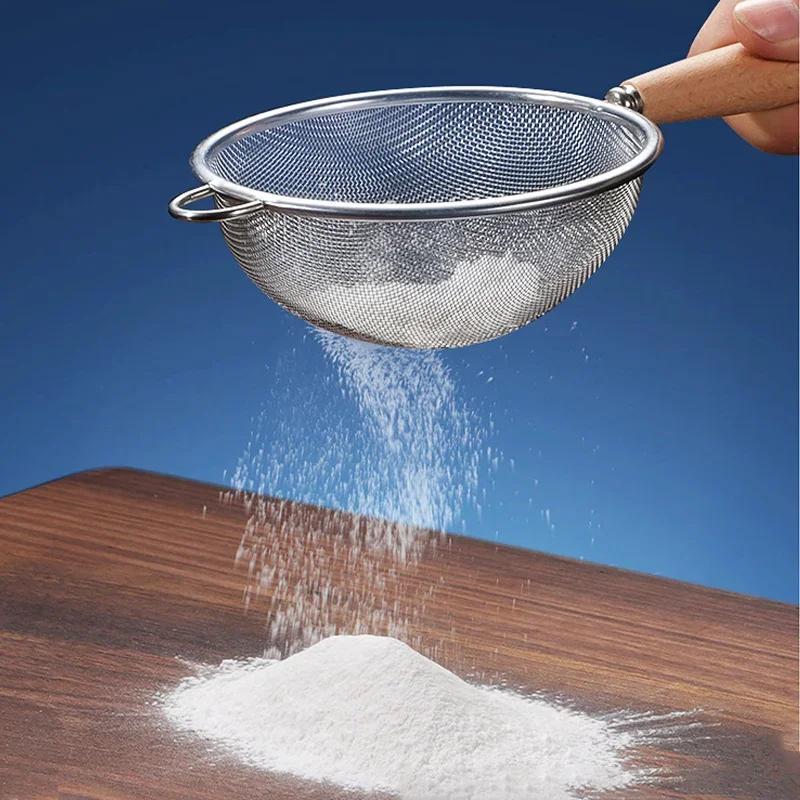 Colador pequeño de acero inoxidable con mango de madera, colador de aceite de malla fina, filtro multifunción, tamiz de harina, herramientas de cocina para hornear