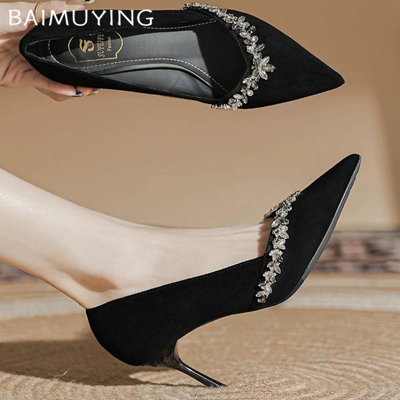 Suede Shallow Women Shoes Crystal Pointed Toe High Heels Elegant Pumps 2025 Trend Fashion Dress Party Winter Mujer Zapatillas