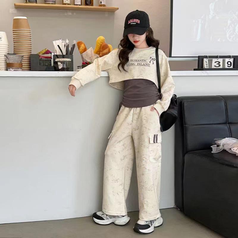 Dívčí sada podzimního oblečení: Mikina s dlouhým rukávem, overaly a sportovní oblečení s krátkým rukávem – 3dílné studentské oblečení