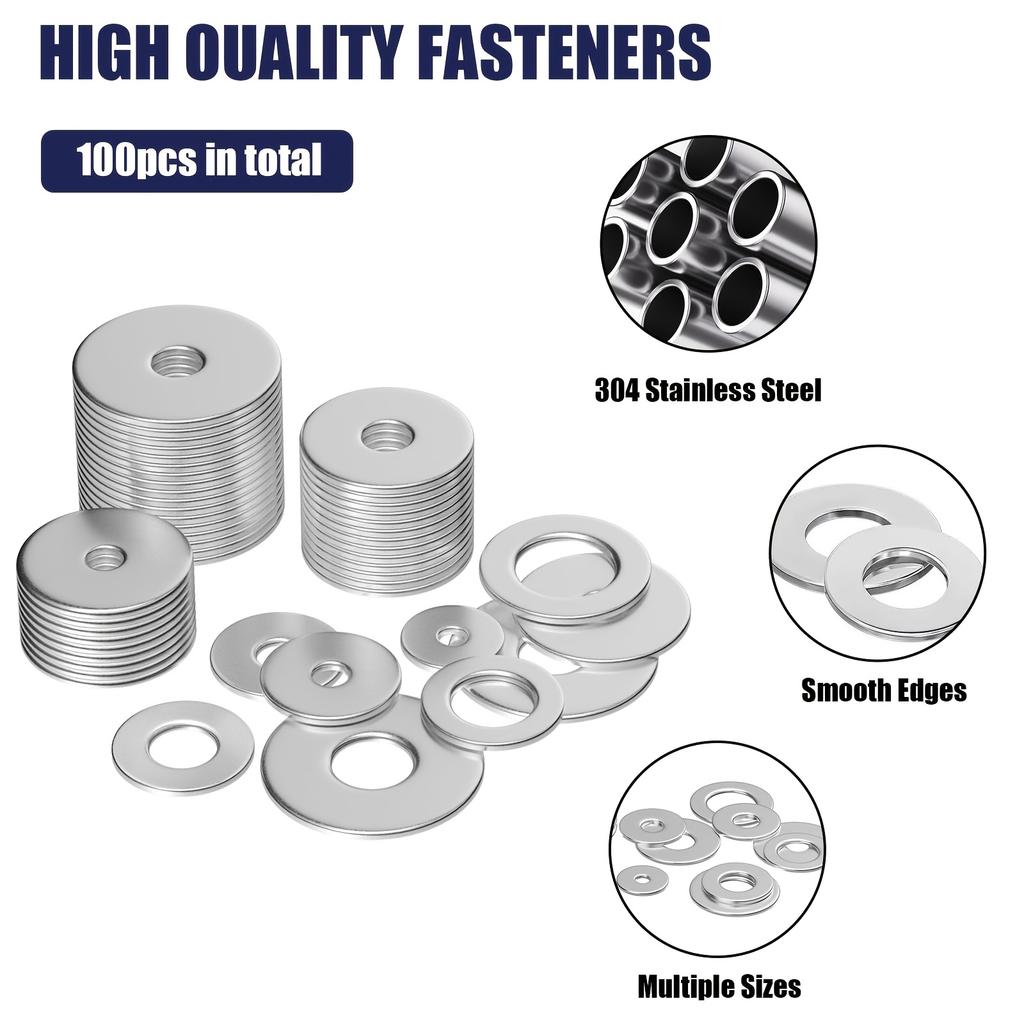 18-8(304) Stainless Steel Fender Washers, Flat Washers for Screws and Bolts, 100pcs Metal Washers Kit (12 Sizes M3-M12), Assorte
