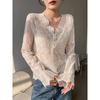 Women's Lace-Trimmed Long-Sleeve Shirt with Hollow-Out Collar - Elegant Spring/Autumn Top