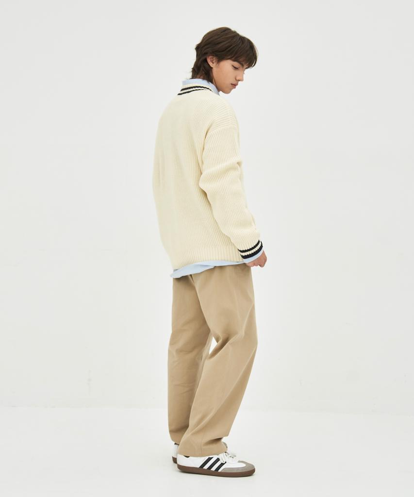 BASIC HOUSE Uni V-Neck Contrast Knit Ivory Lxkt2102