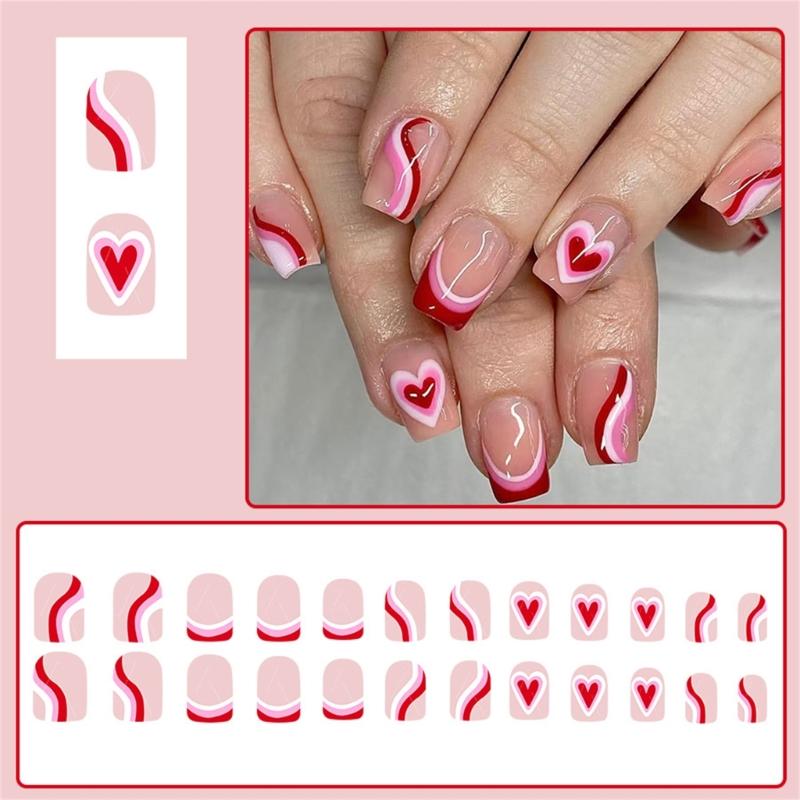 24 Pcs Valentines Day Press On Nail Short Square Festival False Nail Heart Stick on Nail French Tip Acrylic Nail