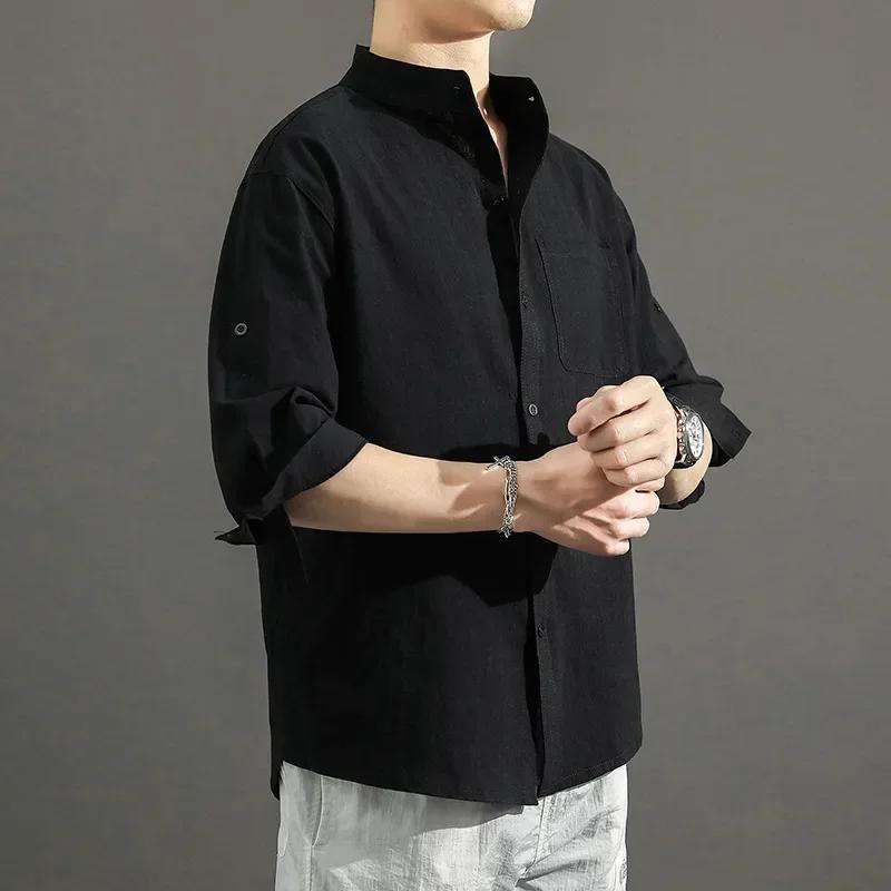 Sommer Japanisches Casual Loose Stehkragen Baumwoll- und Leinenhemd Herren Leinenhemd Dreiviertelärmel Herrenhemden