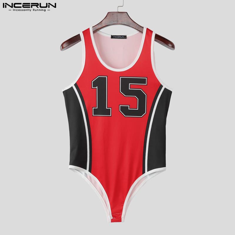 INCERUN Men Sleeveless Stitching Letter Print Briefs Bodysuits Fitted Jumpsuits Underwear