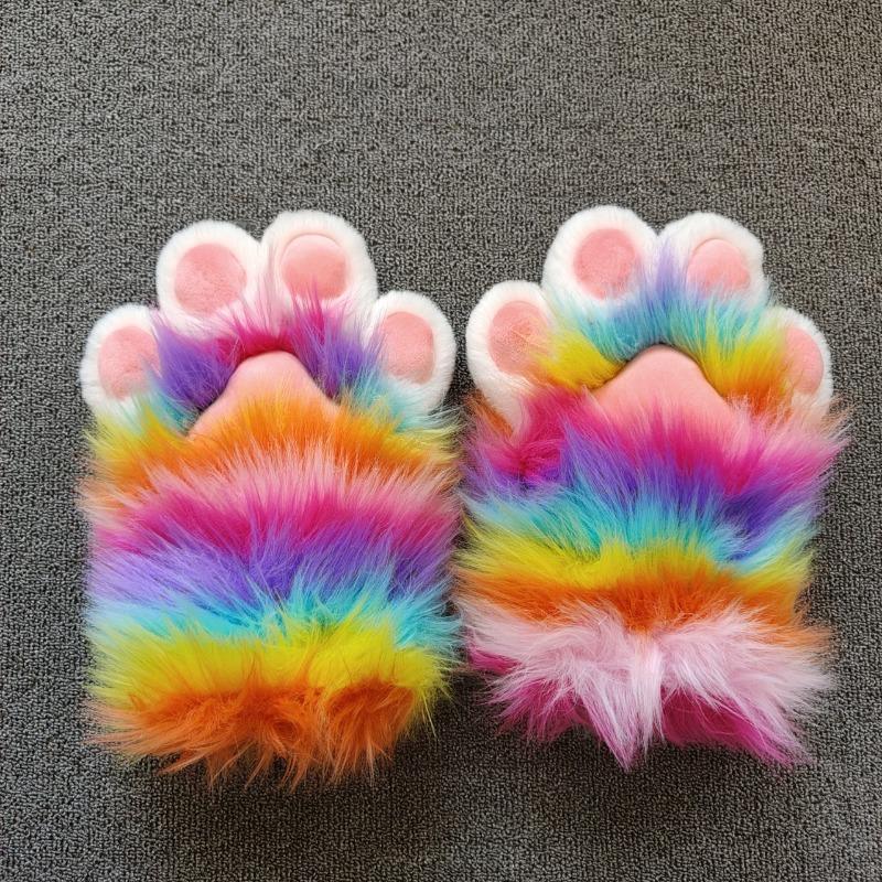 Plush Furry Animal Claws Rainbow Fingerless Gloves Furry Paws Cosplay Costume Multi-colored Kig Tiger Claws for Halloween Social Occasion Props L