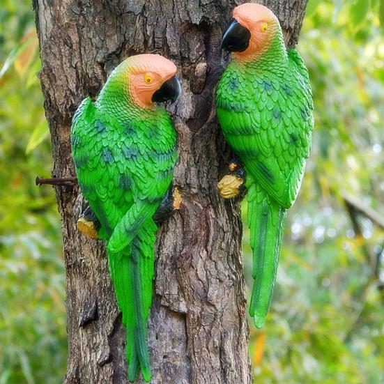 Tree Stump Parrot Ornament, Waterproof Resin Parrot Statue with Realistic Feather Texture, Outdoor Wall Mount Macaw Bird Ornament for Garden Tree