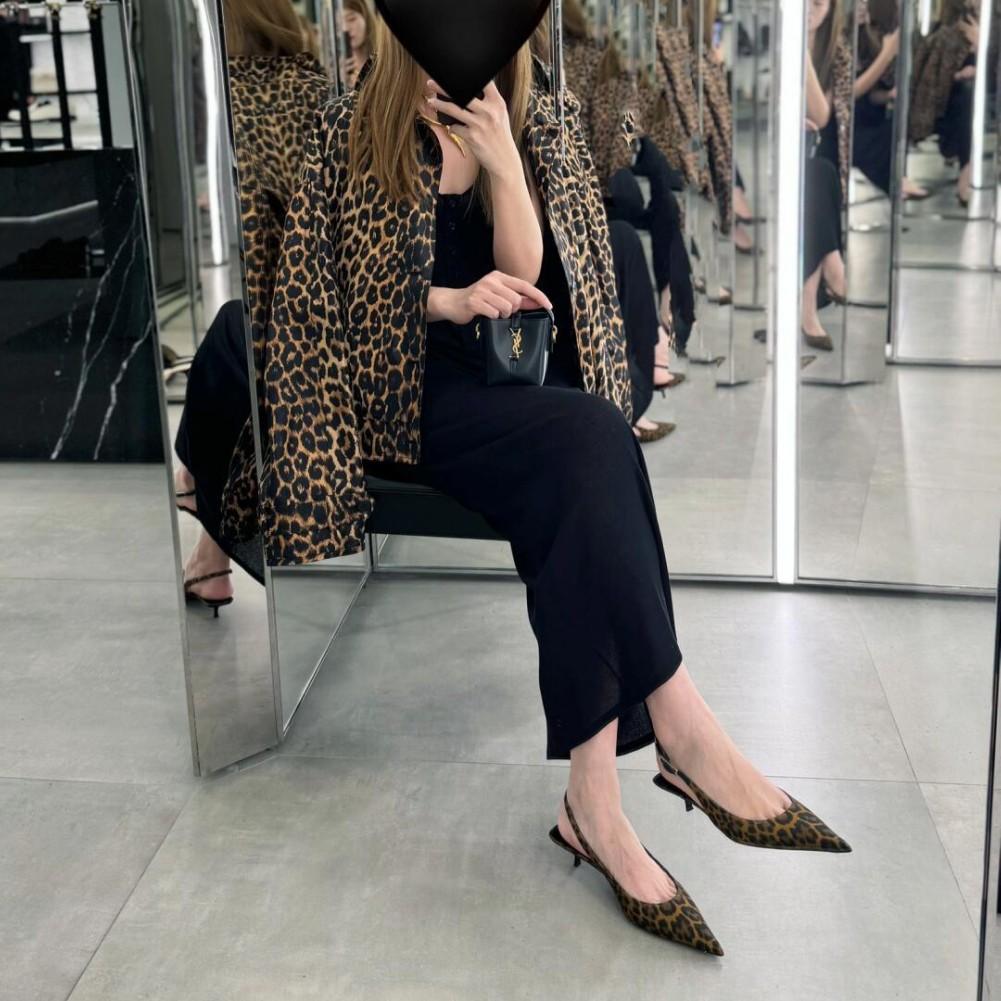 Sheepskin Version~ French Leather Cat Heel High Heels Women's New Pointed Leopard Print Shoes High Heel Sandals Muller Cool Slippers