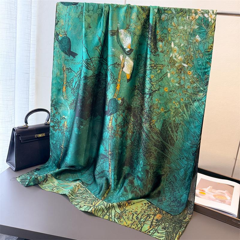 

Spring And Summer Thin Printing Simulation Silk Brocade Sunscreen Blue Flower And Bird Silk Scarf Long Scarf Shawl Versatile Headscarf Scarf 180*80cm