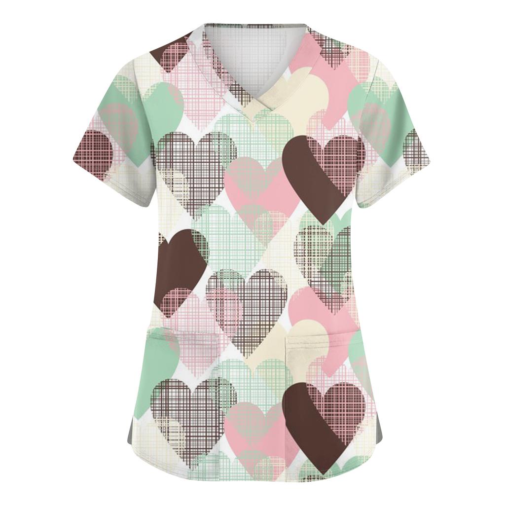 Damen Niedliches Schleifenmuster Arbeitskleidung V-Ausschnitt Doppellagige Taschen Basic Kurzarm Oberteil Pullover