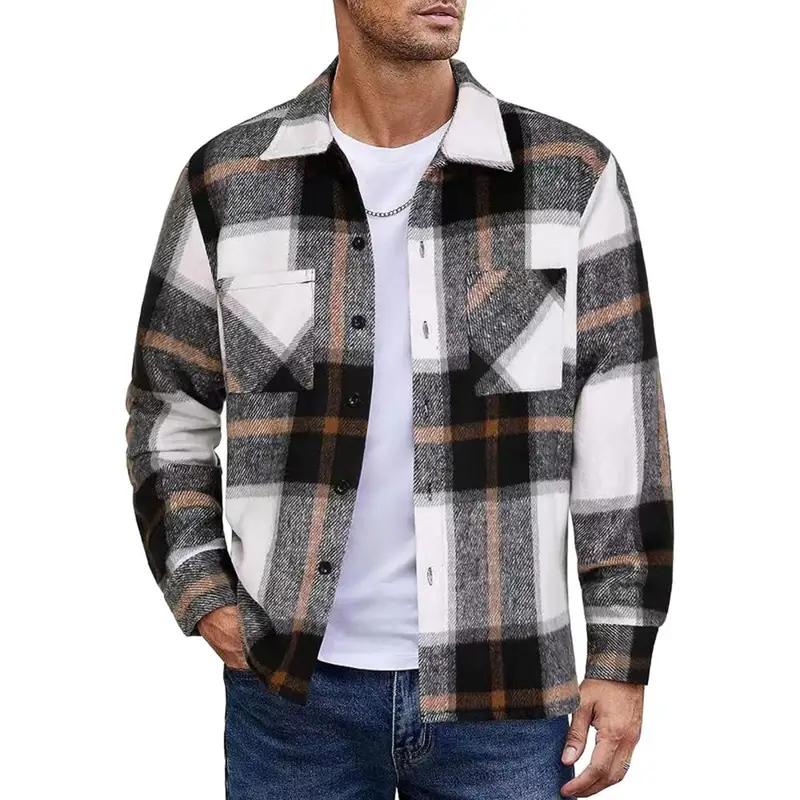 Men's Cropped Trendy Loose-fit Plaid Woolenovercoat Jacket Casual Scene Fashionable Youth Fashion Overcoat