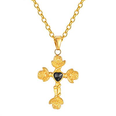 Stainless Steel Rose Cross Pendant Necklace for Women, Heart Shape Rhinestone Hypoallergic Jewelry, Valentine's Birthday
