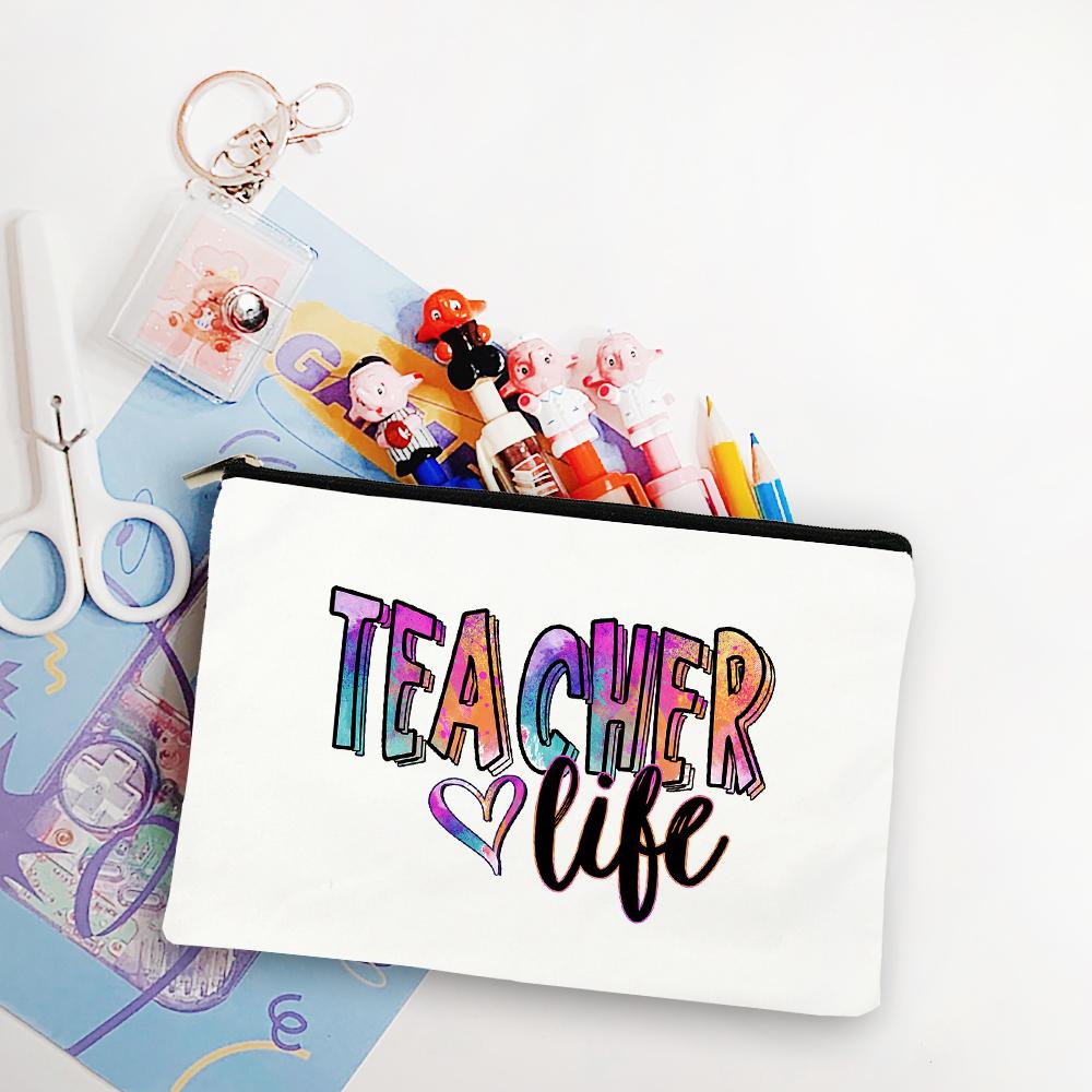 Blessed Teacher Life Leopard Makeup Bags Student White Pencil Pouch Teacher Shopping Handbag Storage Bag Teachers' Day Best Gift