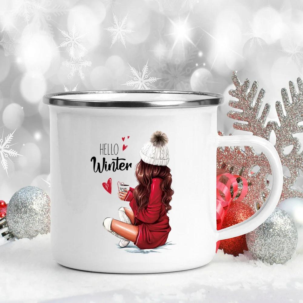 Happy Holidays! Printed Mugs Enamel Handle Drink Beer Juice Cups Girl Christmas Tree Coffee Cup Xmas Eve Gift For Lover  Friend